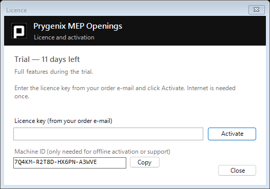 Licence window with key field and Activate button