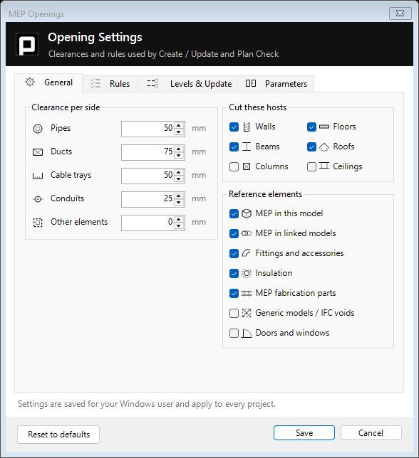 Opening Settings window, General tab: clearance per side and hosts to cut