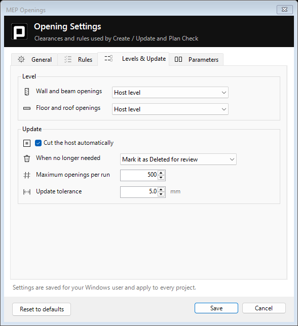 Levels and Update tab