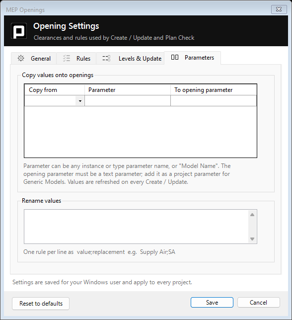 Parameters tab