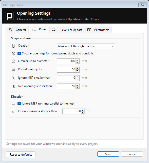 Rules tab: shape and size, direction
